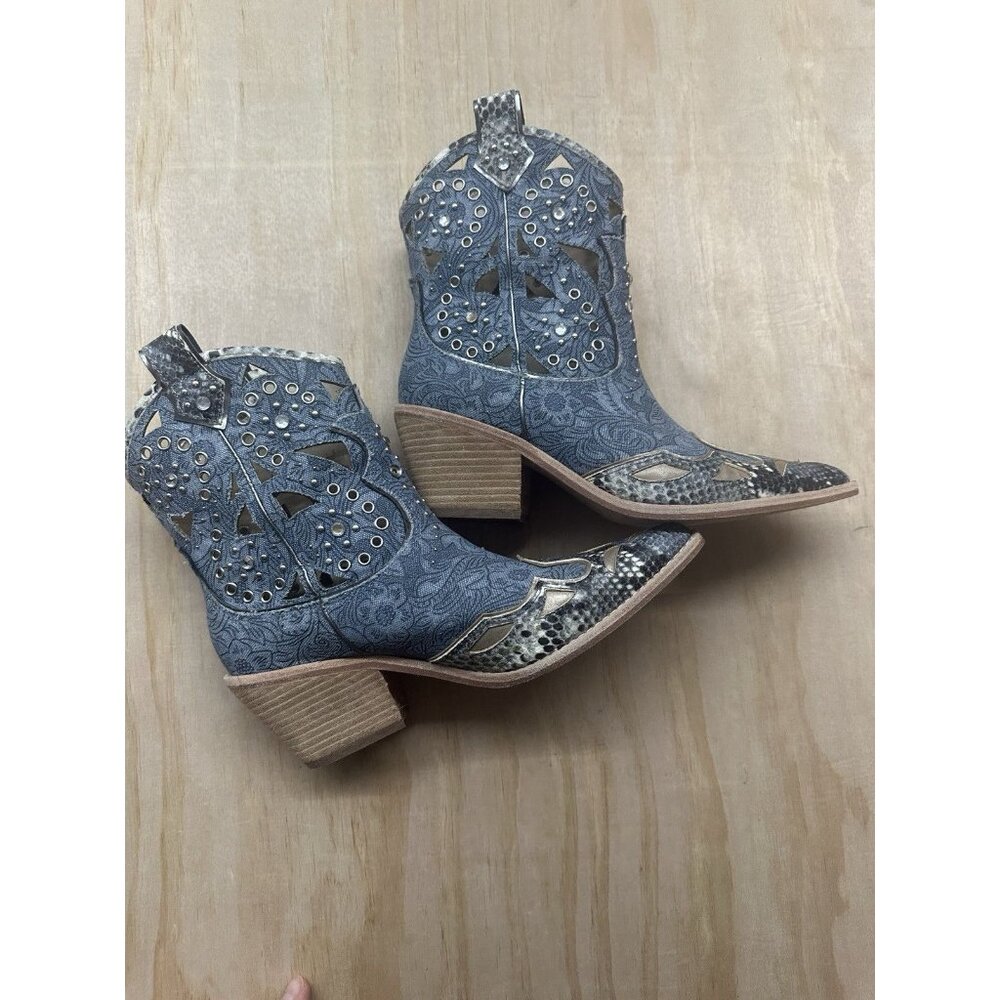 Donald J Pliner Women’s Westen Sami Cowboy Boots Cut Outs Snake Skin Sz 7 Blue - Picture 2 of 10